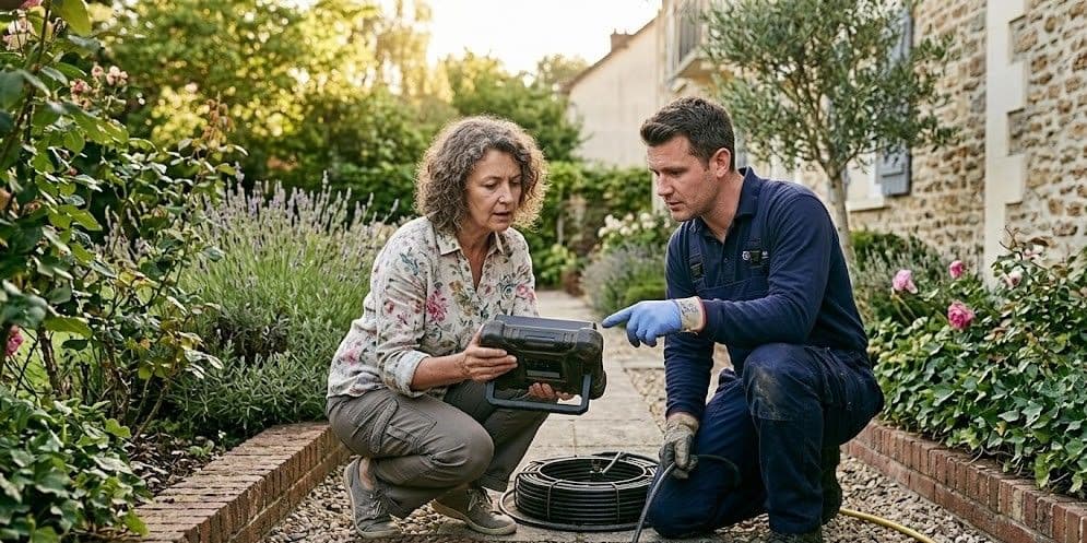 proprietaire-plombier-discussion-diagnostic-canalisation-jardin